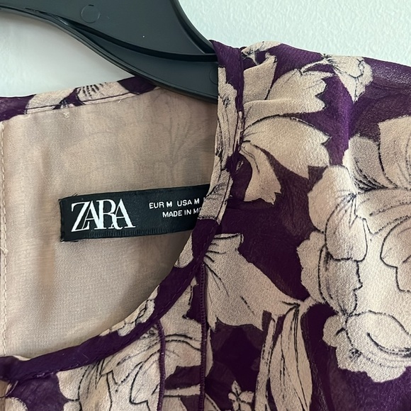 Zara Womens Sz M Purple And Tan Floral Chiffon Ruffle Mini Dress Long Sleeves - Picture 5 of 14